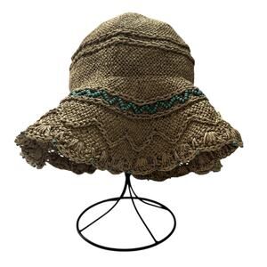 TALBOTS Floppy Straw Sun Hat Tan Paper Blue Beads Packable Festival Vacation